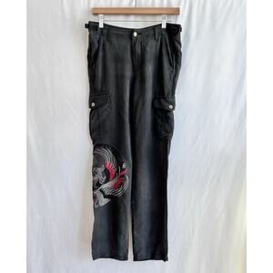 Da-Nang Black 100% Silk Washed Black Dragon Embroidered Cargo Pants
